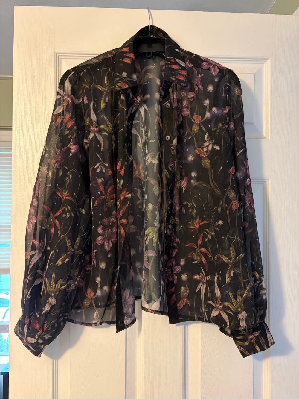 Disturbia Sheer Black Floral Button-Up Blouse with Pink & Green Accents